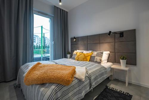 - une chambre avec un grand lit et une grande fenêtre dans l'établissement Apartament LUX 4 Cieplice, à Jelenia Góra