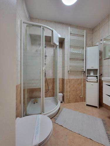 y baño con ducha y bañera. en Check In Rebro, en Zagreb