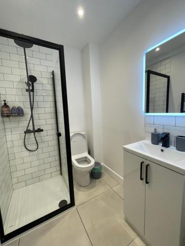 a bathroom with a shower and a toilet and a sink at Manchester City luxury hideaway in Urmston