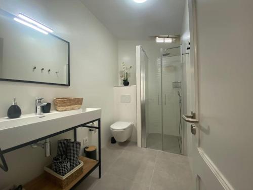 a bathroom with a sink and a toilet and a shower at Apartamento en Na Macaret B in Na Macaret