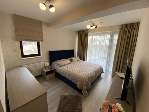 sypialnia z łóżkiem i dużym oknem w obiekcie Pensiunea PIRI LAND w mieście Comarnic