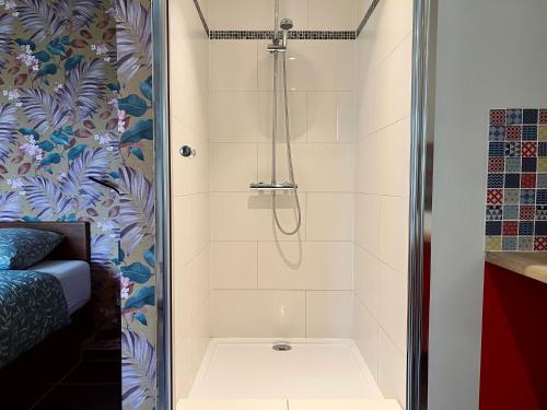 La salle de bains est pourvue d'une douche avec rideau de douche. dans l'établissement Rêve Perdu / studio PJ, à Bruges