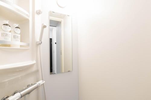 a bathroom with a white door and a mirror at 鶴橋妙宅 in Osaka
