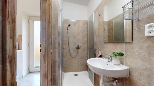 a bathroom with a sink and a shower at Apartmán Esser 5 in Milovice