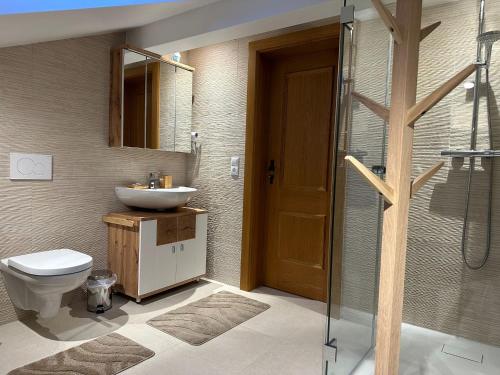 ein Bad mit einem WC, einem Waschbecken und einer Dusche in der Unterkunft Haus Monica in Bodenmais