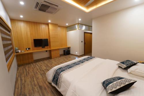 a bedroom with a large bed and a television at Dvr Mansion in Kurnool