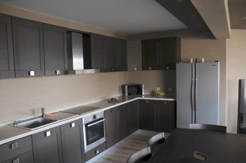 サンダンスキにあるPanoramic Apartmentのキッチン(グレーのキャビネット、冷蔵庫付)