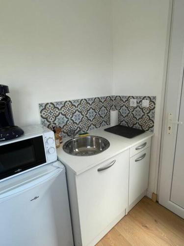 une petite cuisine avec un évier et un micro-ondes dans l'établissement Studio 2 personnes - Bouleries Jump - 24H du Mans, à Parence