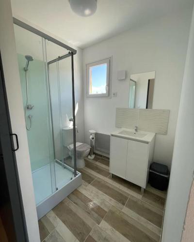 a bathroom with a shower and a toilet and a sink at Studio 2 personnes - Bouleries Jump - 24H du Mans in Parence