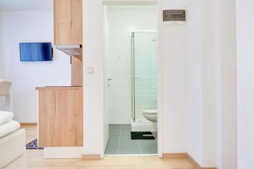 uma casa de banho com um WC e um chuveiro em Wohnen auf Zeit - Studiowohnung Innsbruck em Innsbruck