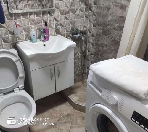 La salle de bains est pourvue d'un lavabo et d'un lave-linge. dans l'établissement apartment, à Tbilissi