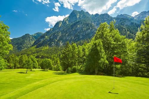 a red flag on a golf course with mountains in the background at Chalet GM - Gesamtes Haus by A-Appartments in Brand