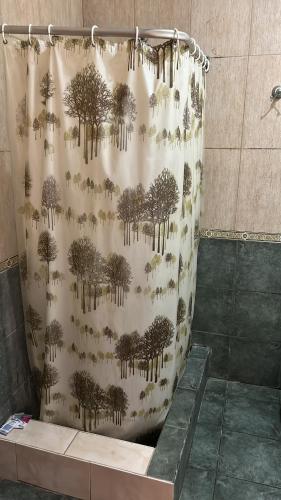 - un rideau de douche avec des arbres dans la salle de bains dans l'établissement Karina s Apartment Ezeiza, à Monte Grande