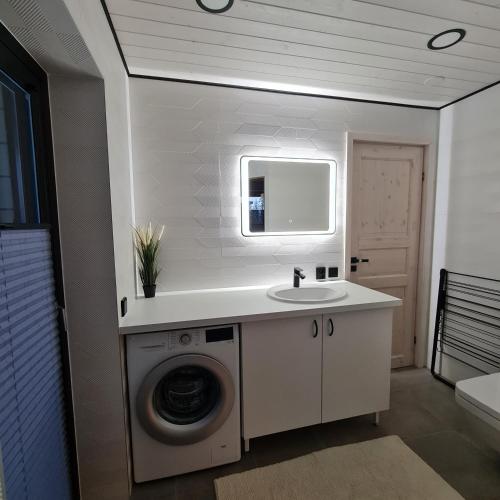 uma casa de banho com uma máquina de lavar roupa e um lavatório em Iso-Syöte Villa Remo em Syöte