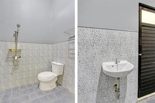 two pictures of a bathroom with a toilet and a sink at Capital O 93204 Hotel Mulia Dua Syariah in Klaten