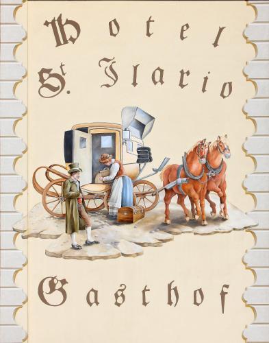 an illustration of a man and a woman and a horse and carriage at Hotel Sant'Ilario in Rovereto