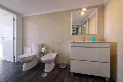 ein Badezimmer mit Toilette, Waschbecken und Spiegel in der Unterkunft Lombo do Doutor Cottage 1 by Mth in Calheta