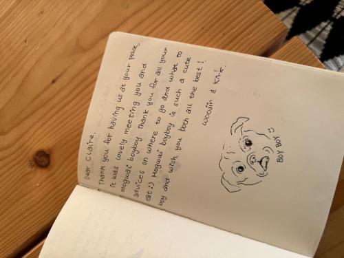 a book with a drawing of a dog on it at Cute Pug Guest Room in Copenhagen
