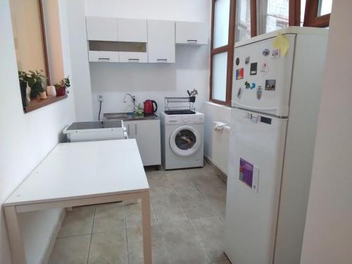 a kitchen with a refrigerator and a washing machine at Bucuresti Bucuresti Hostel in Bucharest