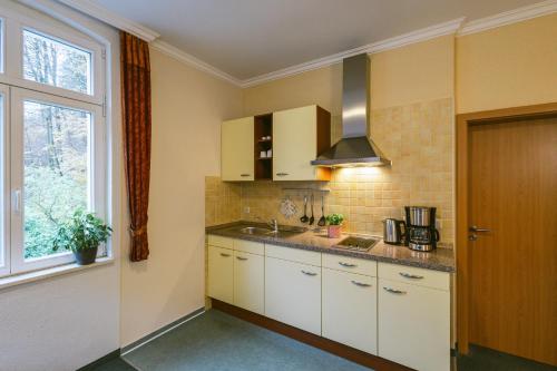 a kitchen with white cabinets and a sink and a window at Gästehaus am Kurpark in Bad Schandau