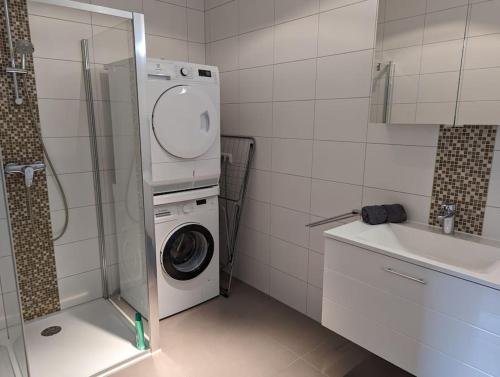 a bathroom with a washing machine and a sink at 1 Bedroom Apartment with Garage & Outdoor Area in Kirchberg in Luxembourg