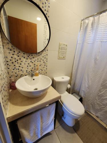 a bathroom with a sink and a toilet and a mirror at Casa de Campo Flor Dorada in Centenario