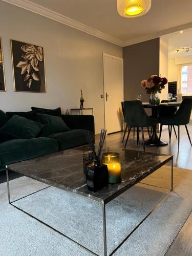 een woonkamer met een groene bank en een tafel bij T2 Haut Standing, hypercentre terrasse ascenseur in Tourcoing