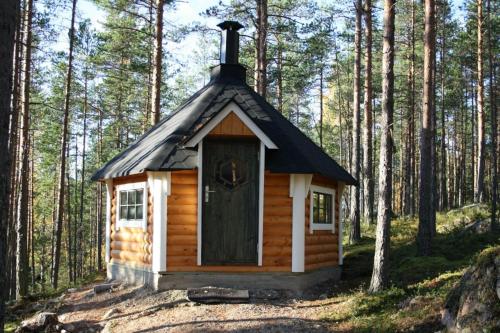 a small cabin in the middle of a forest at Villa Ainola in Sapsalampi
