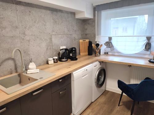 eine Küche mit einer Spüle und einer Waschmaschine in der Unterkunft Apartament LoftyDream in Mielec