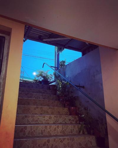 a set of stairs in a house with a window at Ceiba lodge in Drake