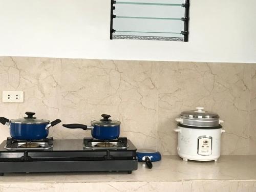 a stove top with two pots and a slow cooker at Shrivasta Cottages in Abu