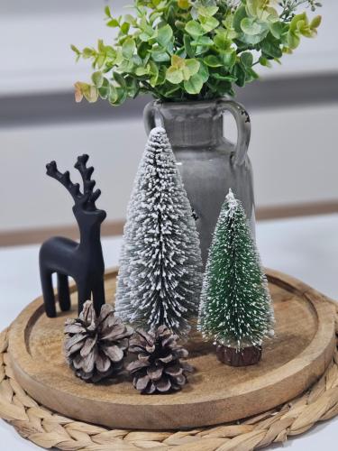a vase with christmas decorations on a table at Dino & Gorge Apartments in Gevgelija