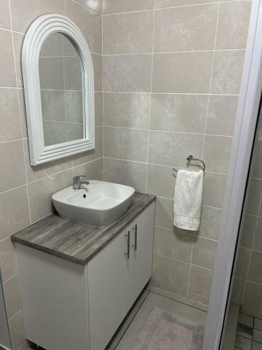 a bathroom with a sink and a mirror at Pokey Starfish Holiday Home in Franskraalstrand
