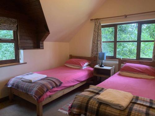 two twin beds in a room with windows at Ceridwen Holiday Home in Llandysul