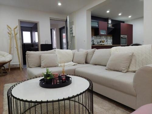 un salon avec un canapé blanc et une table dans l'établissement Le Bag Centre ville, à Colmar