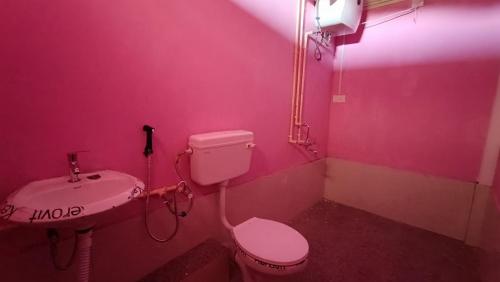 チェラプンジにあるPAMILYA HOMESTAYのピンクのバスルーム(トイレ、シンク付)