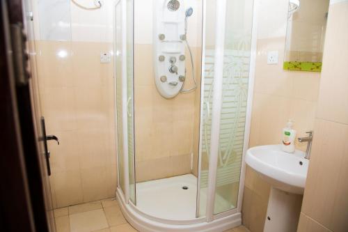 La salle de bains est pourvue d'une douche et d'un lavabo. dans l'établissement VelvetRose Cottage, à Araromi