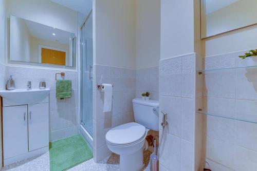 een badkamer met een toilet, een douche en een wastafel bij Stunning Central Space in the City 2BR 2BA in Sheffield