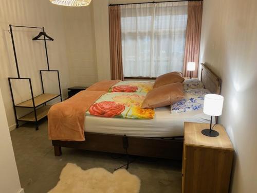 een slaapkamer met een groot bed met kussens en een raam bij Vakantiewoning Het Wielje Maasland in Kinrooi