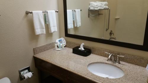 a bathroom with a sink and a mirror and towels at Comfort Inn & Suites Lakeside in Eagle Pass