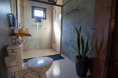 a bathroom with a toilet and a shower and a plant at Cabana com Ofurô e Cinema a 6km do Centro in Ibicaré