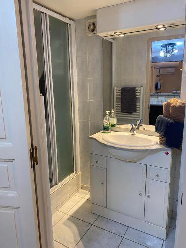 une salle de bain avec un lavabo et un miroir dans l'établissement Le Refuge, à Montmeyan