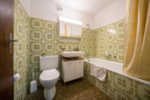 La salle de bains est pourvue de toilettes, d'un lavabo et d'une baignoire. dans l'établissement Studio Chasa Muschna, Vulpera, à Vulpera