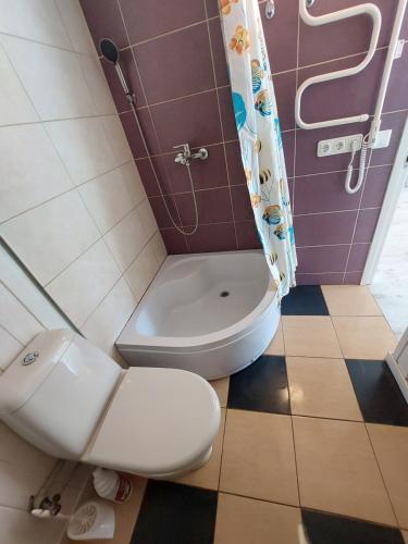 La petite salle de bains est pourvue d'une douche et de toilettes. dans l'établissement Plieņciems Urgas apartamenti 2. stāvā, à Plieņciems