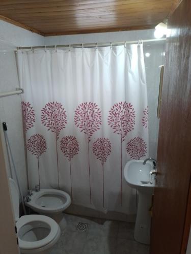 uma casa de banho com um WC e uma cortina de chuveiro em Geraike em El Calafate