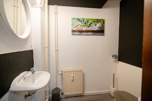 a bathroom with a white sink and a radiator at Le Studio by La Reine City Center in Spa