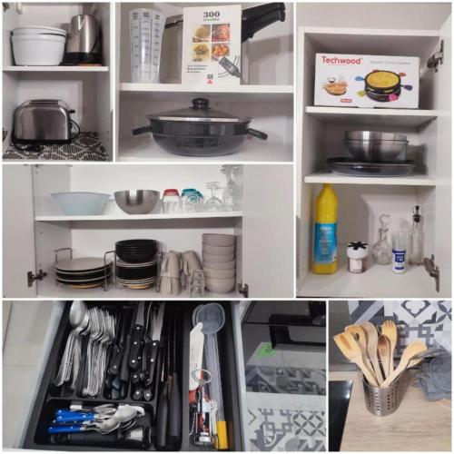 un meuble de cuisine rempli de nombreux ustensiles de cuisine dans l'établissement T2 Massy TGV by Beds4Wanderlust - proche coulée verte - ideal Pro ou Couple, à Massy