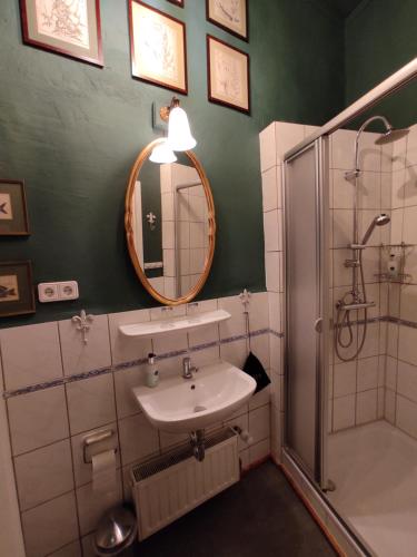 a bathroom with a sink and a mirror and a shower at Gartenzimmer im Schloss Neuhausen in Neuhausen