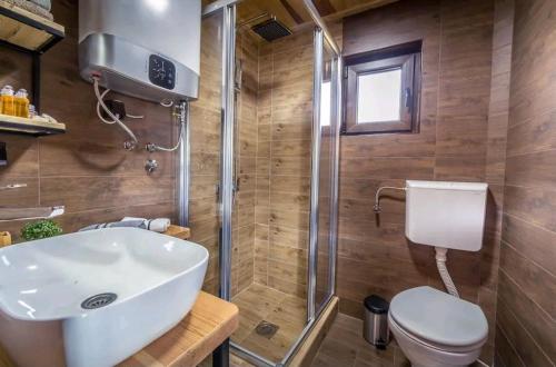 ein Bad mit einem WC, einem Waschbecken und einer Dusche in der Unterkunft Mountain house Potkovica in Lazići