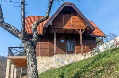 a log cabin with a stone wall next to a tree at Mountain house Potkovica in Lazići